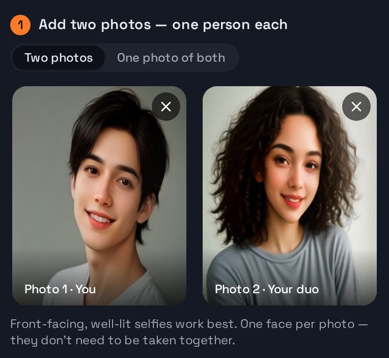 Step 1 in the studio: a front-facing selfie in each of the two photo slots