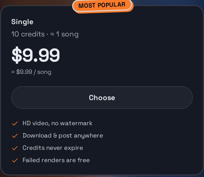 The Single price card: $9.99 for about one song, credits never expire, failed renders are free