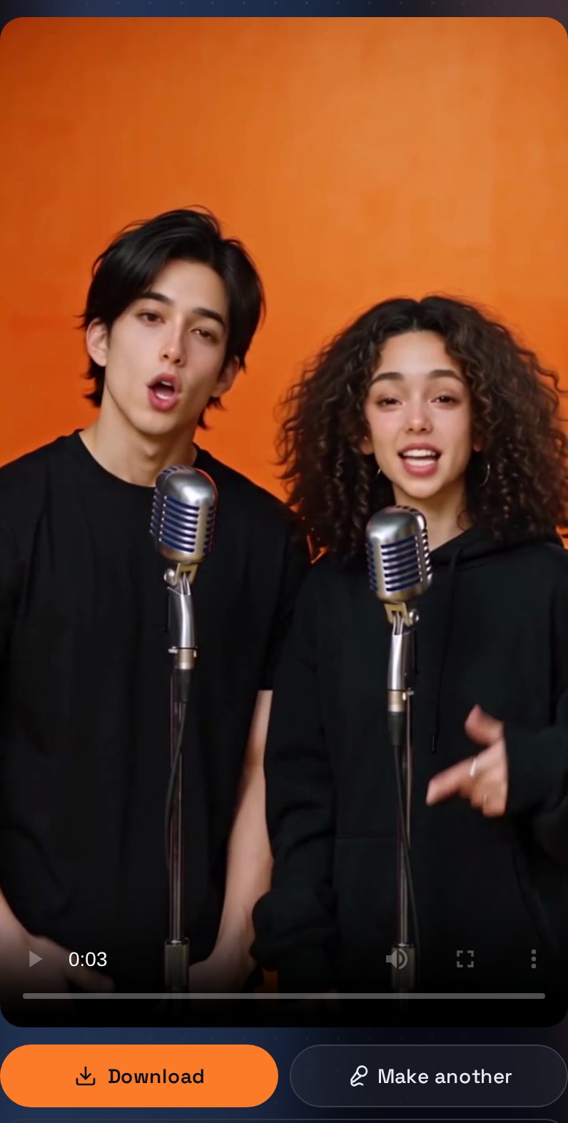 The finished video in the studio: the two people from the photos rapping on their own mics in an orange booth, with Download and Make another buttons